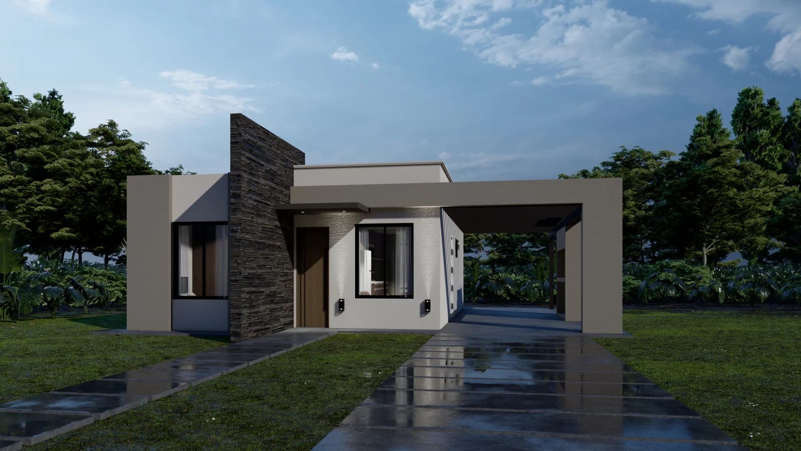 Render de fachada del modelo Nebraska, línea Evolución