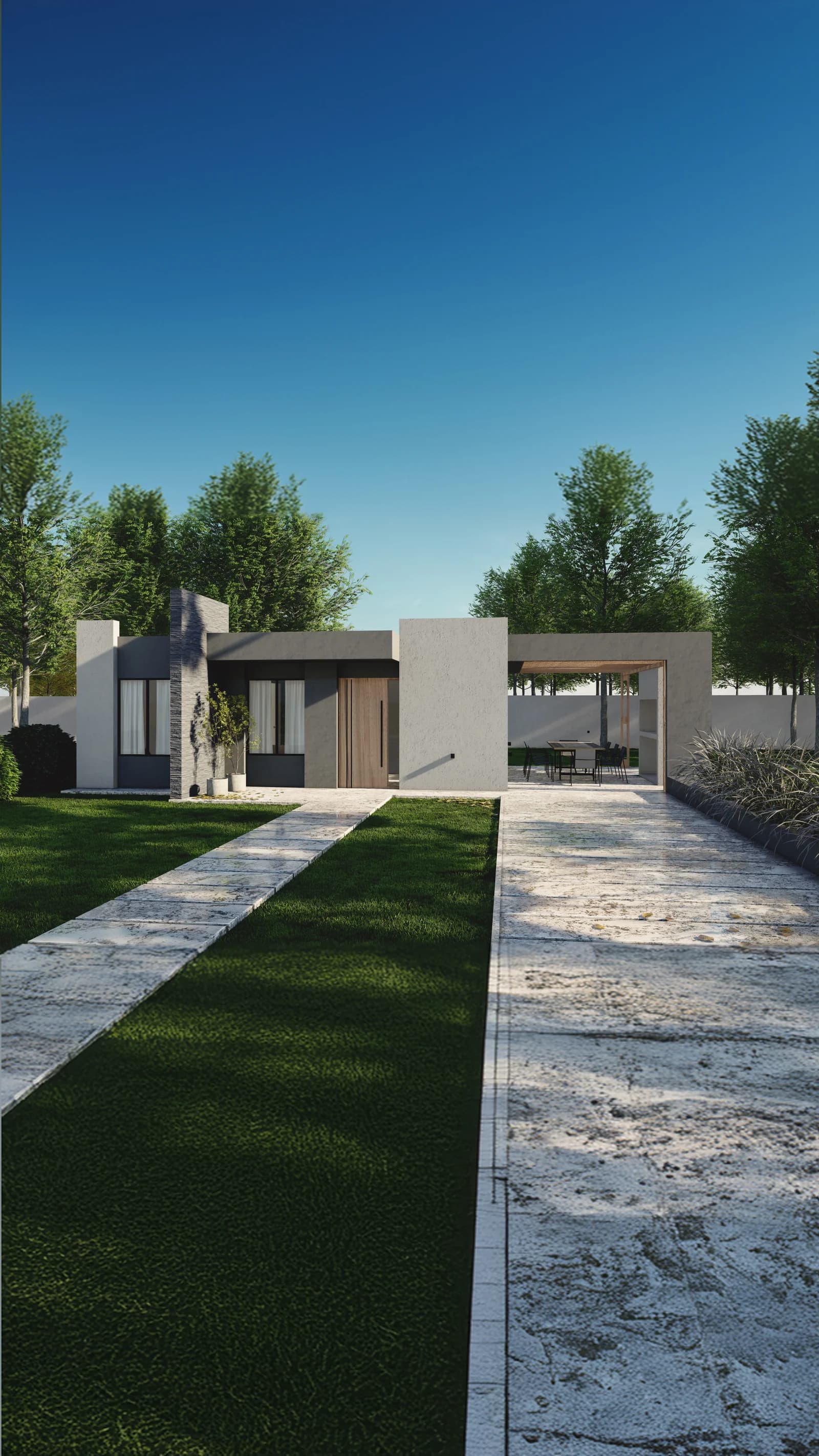 Render de fachada del modelo Indiana, línea Evolución